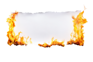 Torn paper with burning edges isolated on transparent background. Flame border with a blank white paper center for custom text or captions isolated on white background.