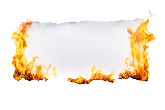 Torn paper with burning edges isolated on transparent background. Flame border with a blank white paper center for custom text or captions isolated on white background.