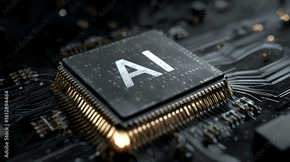 Poster close-up of an ai chip on a circuit board, representing advancements in artificial intelligence and 