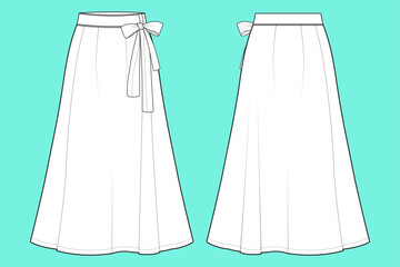 Women's Long Length Party Fishtail Skirt Fashion Flat Sketch Technical CAD Drawing Template.