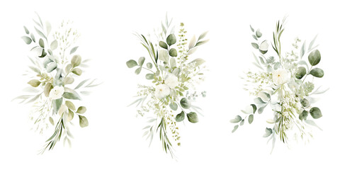Delicate floral arrangements with eucalyptus and greenery isolated on transparent background