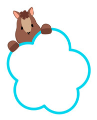 午年年賀素材　文字が書ける大きな梅の花にしがみつく馬のイラスト