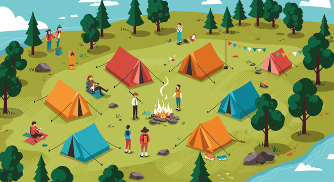 A serene flat design illustration showcasing the vibrant camping area of Festival, complete with colorful tents and stylized trees. 