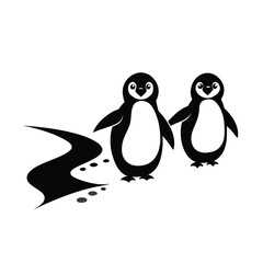 Fototapeta premium Three adorable penguins waddling together on a snowy path with a white background banner