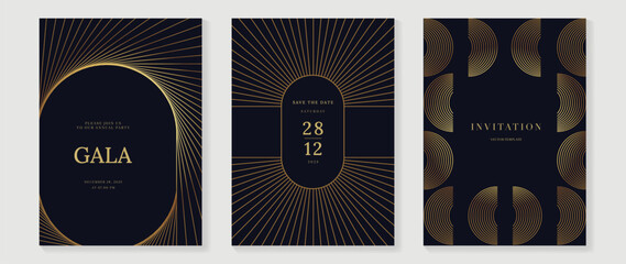 Luxury Geometric Invitation Card Set with Gold Line Art on Dark Background. Elegant Templates for Gala Events, Corporate Parties, Wedding Announcements, and VIP Invitations