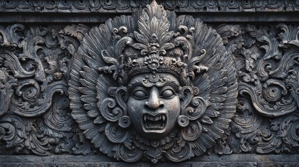 Balinese Carving. Grey Artistic Balinese Craft with Artwork Background