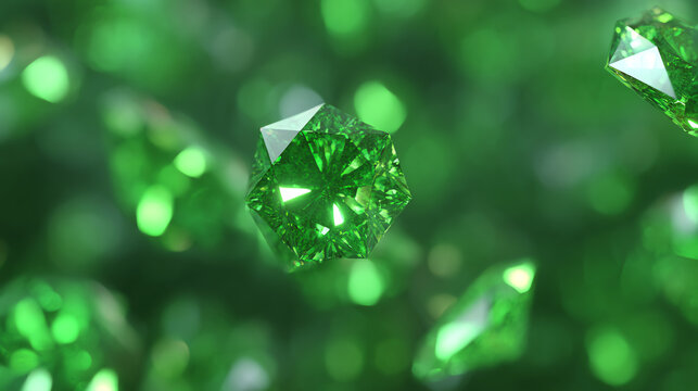 Close-up of shimmering green gemstones, showcasing their intricate cuts and vibrant colors in a captivating display of beauty.