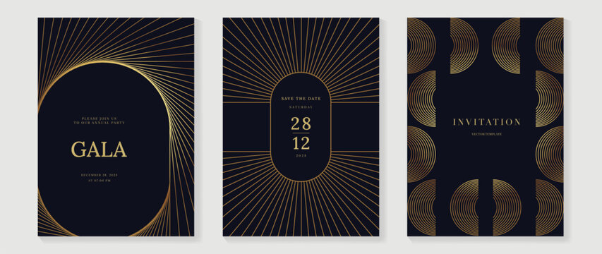 Luxury Geometric Invitation Card Set with Gold Line Art on Dark Background. Elegant Templates for Gala Events, Corporate Parties, Wedding Announcements, and VIP Invitations