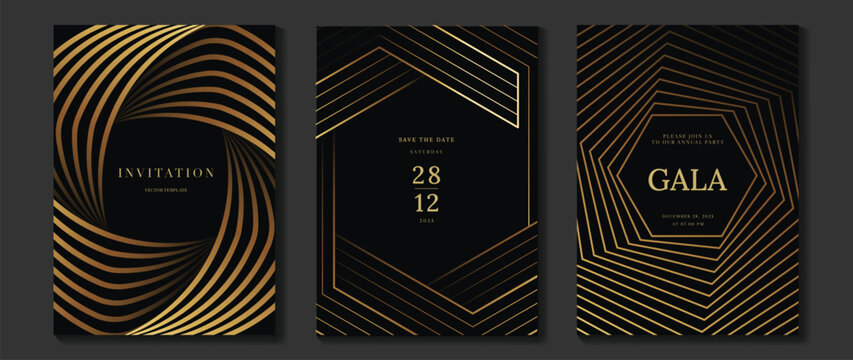 Luxury Geometric Invitation Card Set with Gold Line Art on Dark Background. Elegant Templates for Gala Events, Corporate Parties, Wedding Announcements, and VIP Invitations