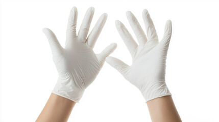 Obraz premium Two hands wearing white gloves palms open on white background