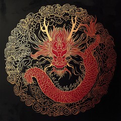 Beautiful symmetrical Chinese Zodiac Dragon red paper cut art with gold foil details placed on black background, traditional folk art, holiday celebration, Chinese New Year decoration theme.