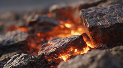 Close-up view of glowing embers between black rocks, showcasing the heat and intensity of natural elements in a dramatic landscape.