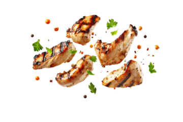 Grilled chicken strips with parsley and spices isolated on transparent background. Flying pieces of delicious grilled chicken isolated on white background.