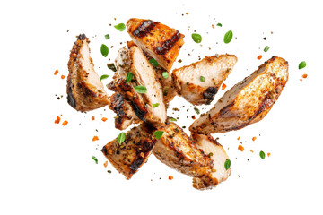 Grilled chicken strips with parsley and spices isolated on transparent background. Flying pieces of delicious grilled chicken isolated on white background.