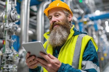 A worker wearing safety gear uses a tablet at industrial factory. Great for illustrating industry, tech, or skilled labor topics.