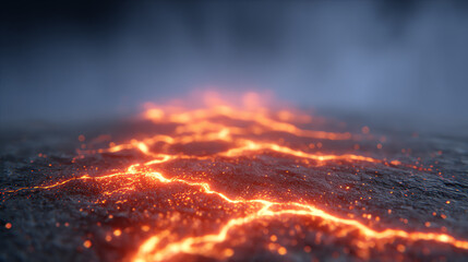 Close-up view of molten lava flow with glowing cracks on the surface, showcasing the raw power of nature's volcanic activity.