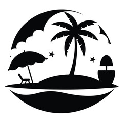 Beach scene icon, island vector, coconut tree silhouette, summer holiday graphic, tropical vacation symbol, travel beach illustration
