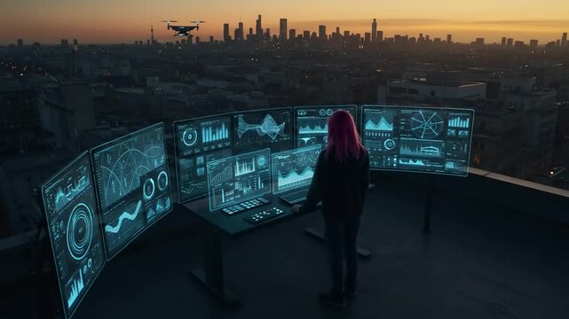 Futuristic woman monitors city skyline with drones