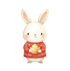 Adorable Watercolor Bunny in Sweater Holds Golden Egg, Cute Winter Clipart Illustration