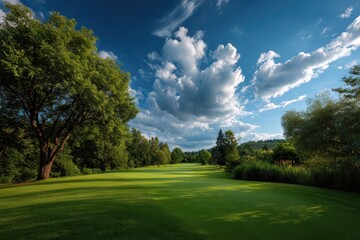Naklejka premium Lush green golf course under a vibrant blue sky with scattered clouds showcasing nature's beauty in the afternoon light