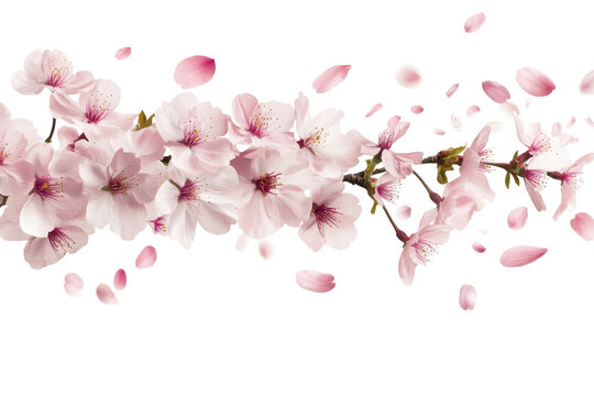 Delicate pink cherry blossom branch with falling petals isolated on transparent background. Flying pink cherry isolated on white background.