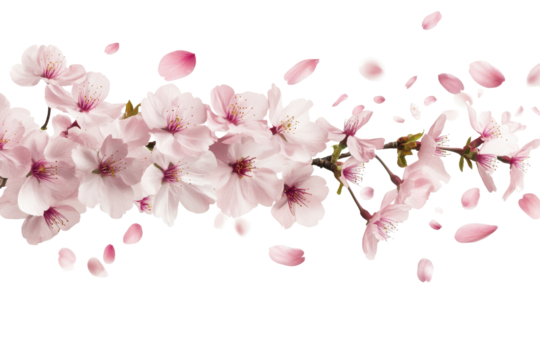 Delicate pink cherry blossom branch with falling petals isolated on transparent background. Flying pink cherry isolated on white background.