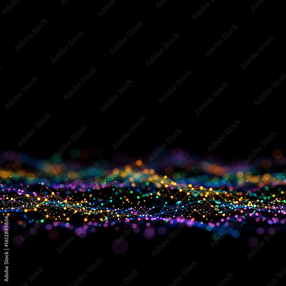 Poster abstract digital network of colorful dots and connected lines against black background.
