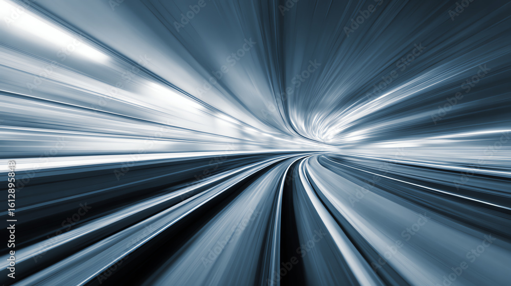 Poster dynamic abstract motion blur image representing fast transport through a futuristic tunnel, evoking 