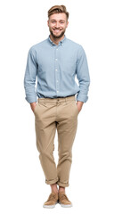 A handsome man smiling, wearing a light blue shirt and beige pants, against a transparent background