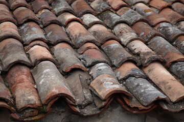 Old orange ceramic roof tiles create a rustic aesthetic in a charming architectural setting under natural light