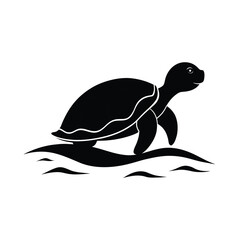 Silhouette of a sea turtle gracefully crawling across a sandy beach under a clear sky