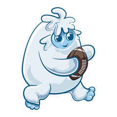 cute yeti playing american football or rugby, cartoon snow monster running with an oval ball vector illustration, work of hand drawn