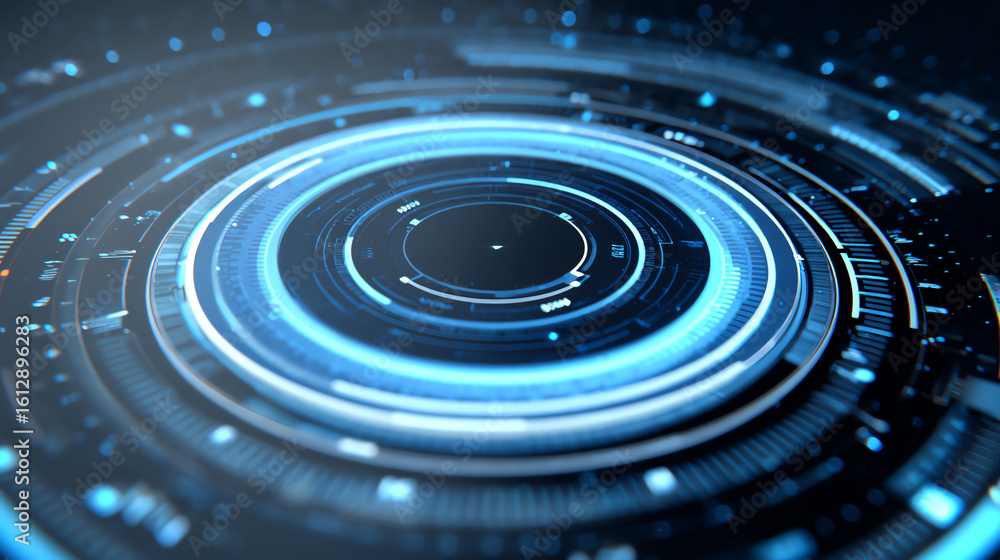Poster futuristic digital interface with circular patterns and blue lights symbolizes innovation and advanc