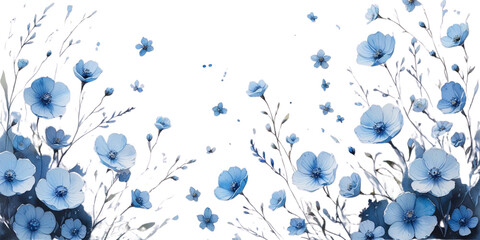 a beautiful pattern of blue watercolor flowers on a transparent background