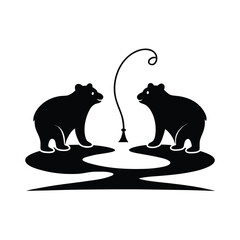 Two bears fishing in a river facing opposite directions in a natural landscape setting