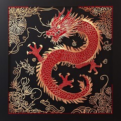 Beautiful symmetrical Chinese Zodiac Dragon red paper cut art with gold foil details placed on black background, traditional folk art, holiday celebration, Chinese New Year decoration theme.