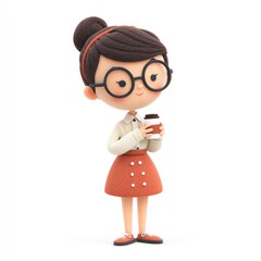 Cute Cartoon Girl Holding Coffee Cup