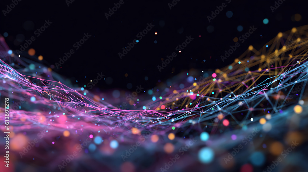 Poster vibrant abstract background with swirling lines and glowing dots, representing data transmission and