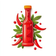 Spicy Hot Sauce Bottle with Chili Peppers and Leaves