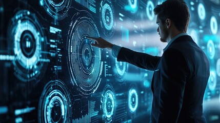 Businessman interacts with a futuristic holographic display.