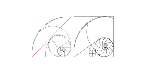 Print  Colored line Golden Ratio vector illustration template. Minimalist style. Circle, Golden Triangle, Mean, Golden Spiral, golden section method, Fibonacci array, Fibonacci 