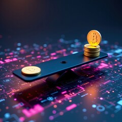 Abstract 3D Environment Featuring Bitcoin Coins on Digital Scale