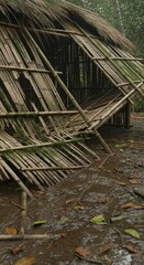 A primitive bamboo hut in a lush green forest