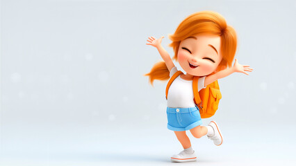 Back to school. Smiling schoolgirl. Joyful and cheerful cartoon girl with a backpack on her back and her hands up. Illustration with copy space