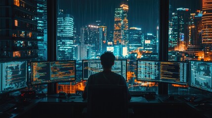 Person working late at night in a city office.