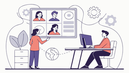 Illustration of virtual meeting online conference call with team using video communication software