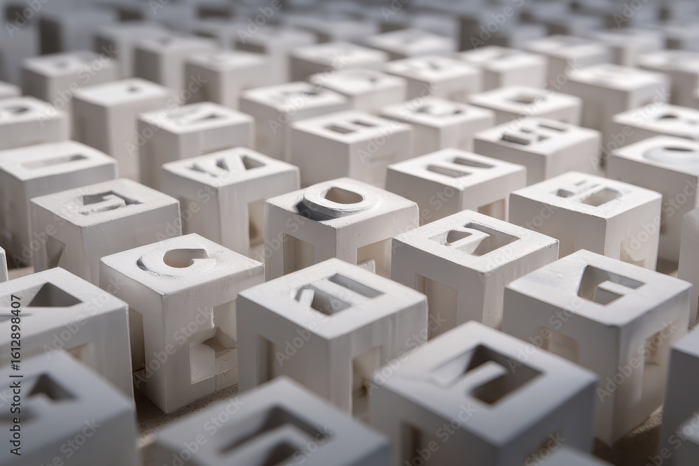 Poster white cubes arranged to form words and trends in a creative display of typographic art with a focus 