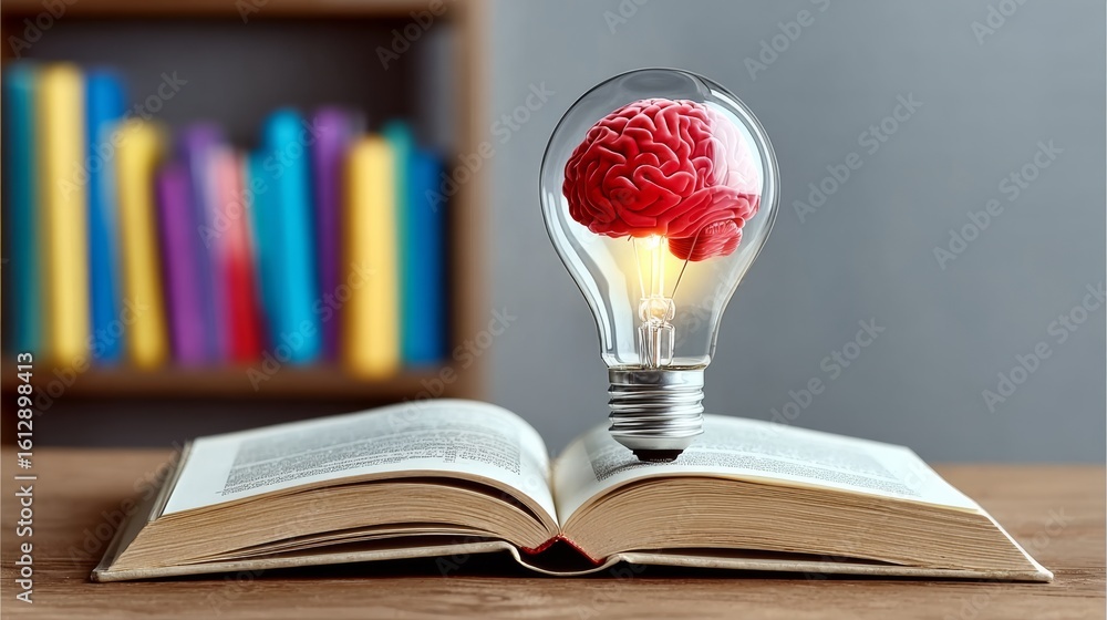 Poster book with a light bulb on top of it. the light bulb is glowing and the book is open. the book is on 