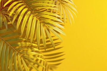 Fototapeta premium Bright summer backdrop with vibrant yellow and palm leaves creating an inviting atmosphere ideal for seasonal events and gatherings