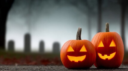 Two pumpkins with smiling faces are on a sidewalk in front of a cemetery. Scene is spooky and eerie, as the pumpkins are placed in a graveyard setting
